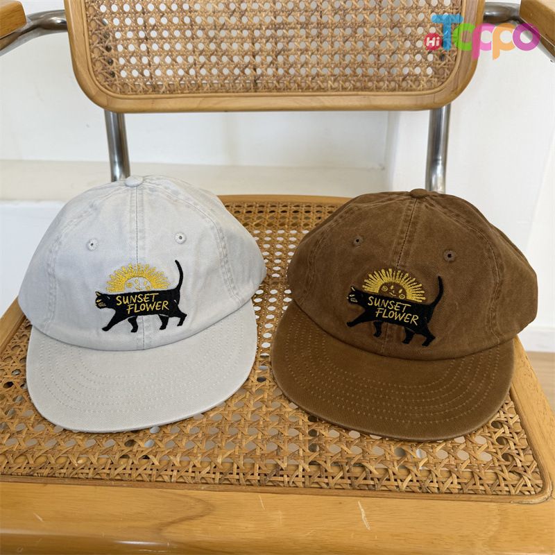 Custom Vintage Washed Distressed Cat-Embroidered Flat-Brim Baseball Cap