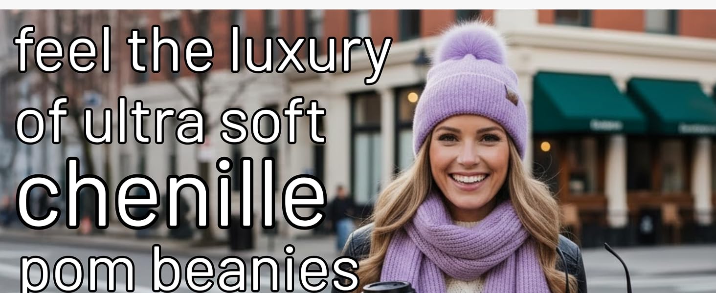 Woman wearing lavender chenille beanie and matching scarf, smiling on city street.