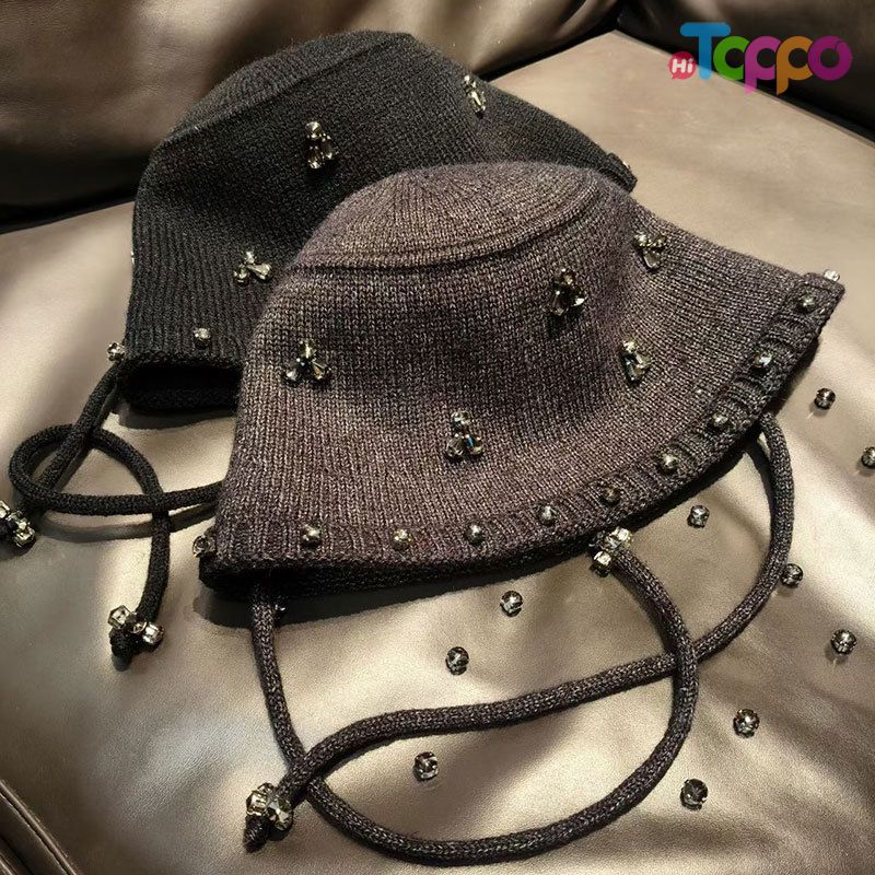  Custom Elegant Rhinestone Handmade Crystal Embellished Knit Cap Bucket Hat