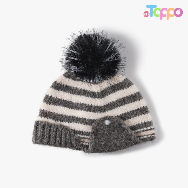 Custom Striped Knit Beanie With Faux Fur Pom‑Pom Detachable Ear Flaps Button Decor 