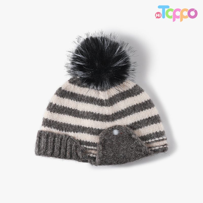 Custom Striped Knit Beanie With Faux Fur Pom‑Pom Detachable Ear Flaps Button Decor 