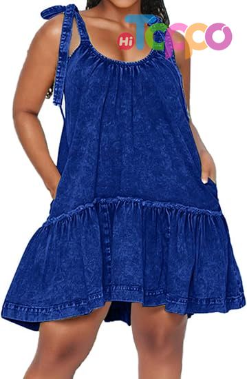 Women Denim Dress Casual Jean Dresses Babydoll Wash Jean Sundress with Pocket