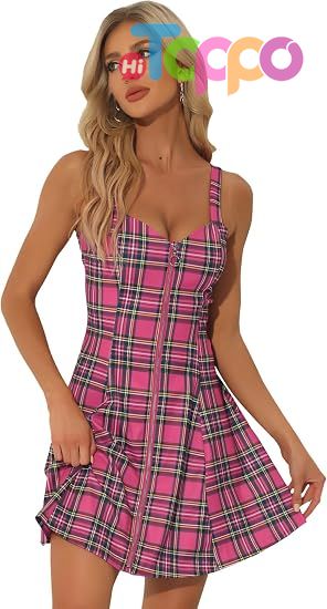 Women's Plaid Tube Dress Zip Up Strap Sleeveless Party Mini A-Line Dress
