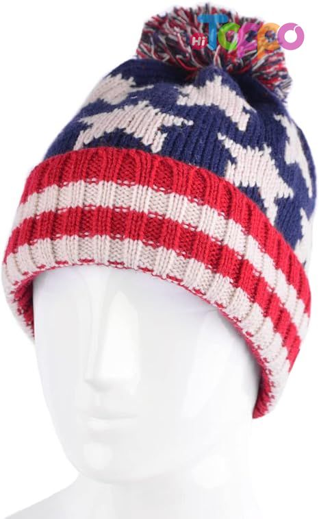 Classical American Flag Knit Pom Beanie Ski Hat with Stars