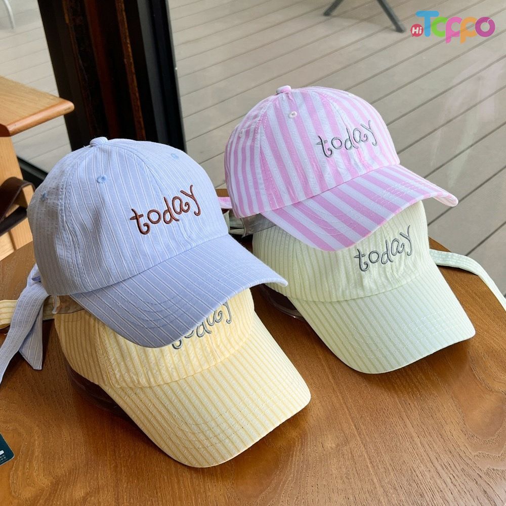 Stock Today Embroidery Stripes Baseball Caps with Ribbon Tie-bows Backside 