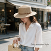 Summer Packable UPF Women Beach Flat Sun Straw Hat with Stripe