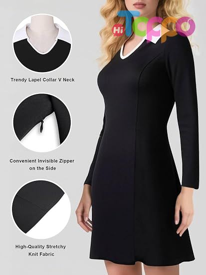 2026 Fall Vintage Lapel Collar V Neck A-Line Short Mini Dress Long Sleeve Dresses for Women