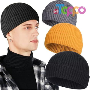 3 Pack Wool Fisherman Beanies for Men Short Knit Watch Cap Cuffed Hats