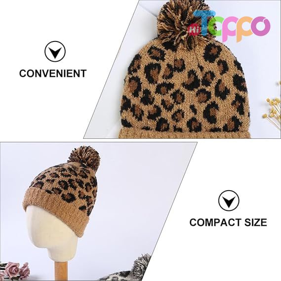  Winter Warm Woolen Yarn Brown Leopard Printed Knitted Beanie