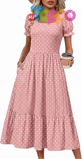 Custom Flowy Casual Midi Dress Short Sleeve Tiered Dress Sundresses with Pockets