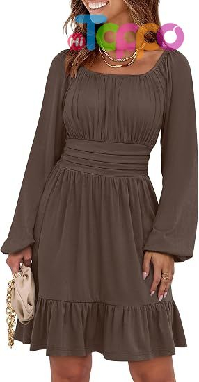  Custom Women Long Lantern Sleeve Square Neck Fall Short Dress