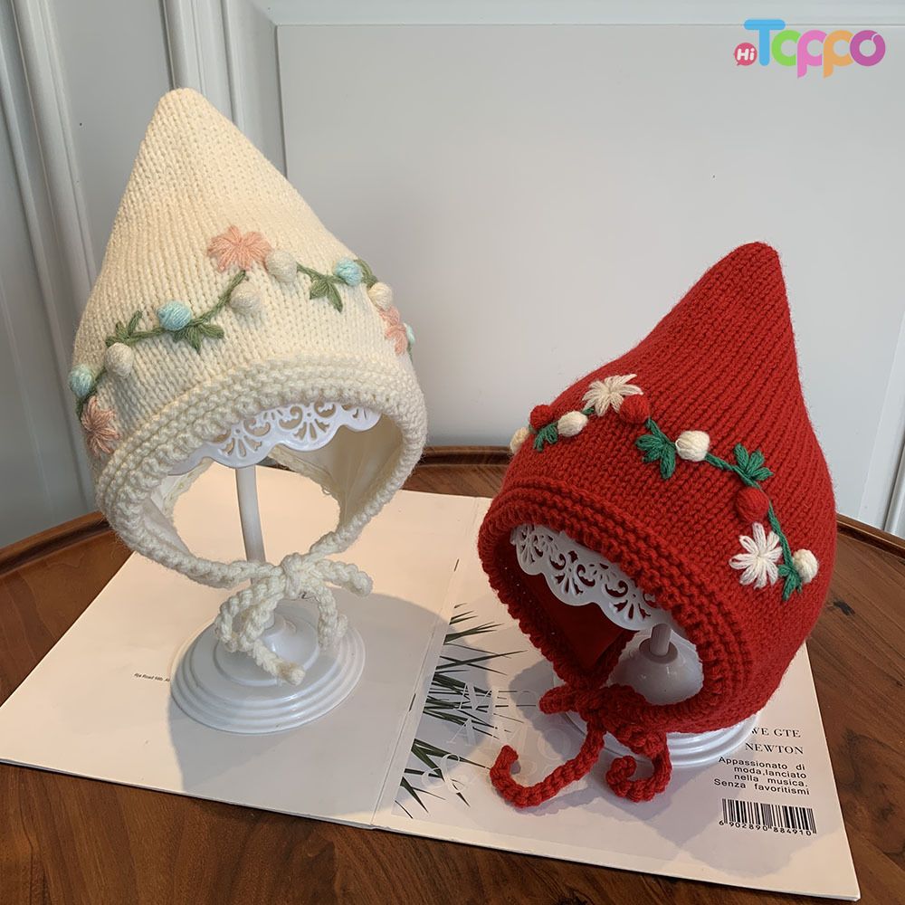 Winter Warm Floral Embroidery Baby Knit Earflap Hat with Ties Cute Pixie Elf Beanie 