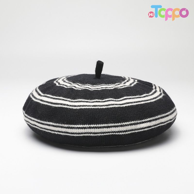 Winter Wool Blend Striped Beret Trendy Slouchy Knit Hat, Versatile French Beanie