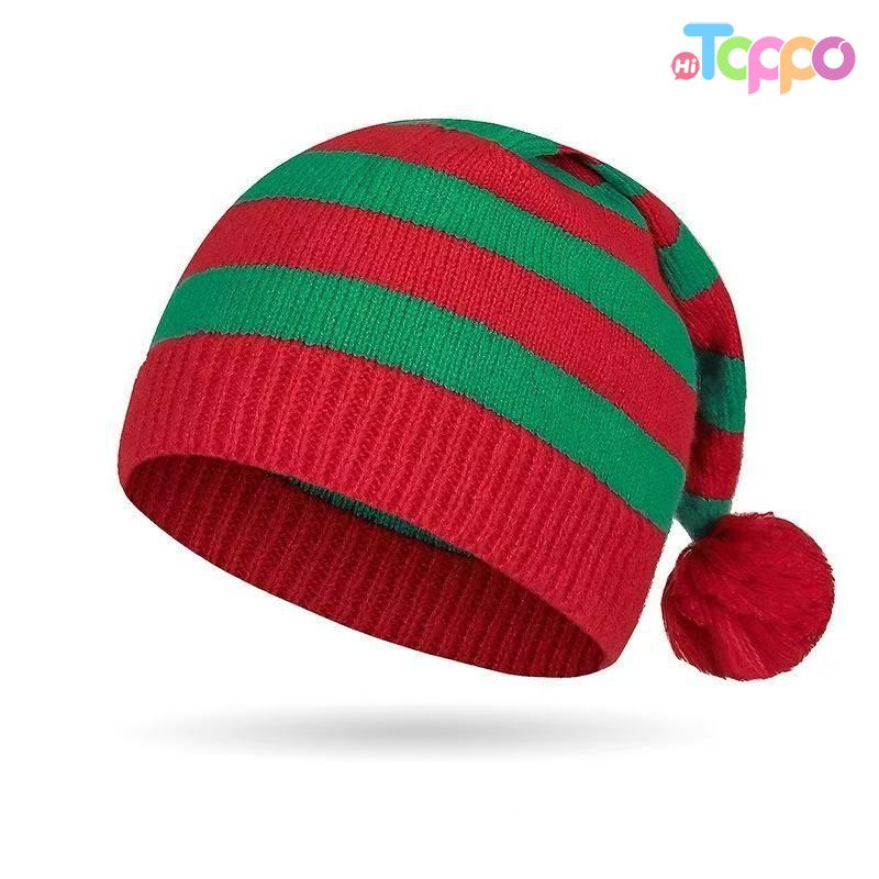Classic Red & Green Striped Long Tail Knit Hat with Pom Pom Festive Christmas Beanie