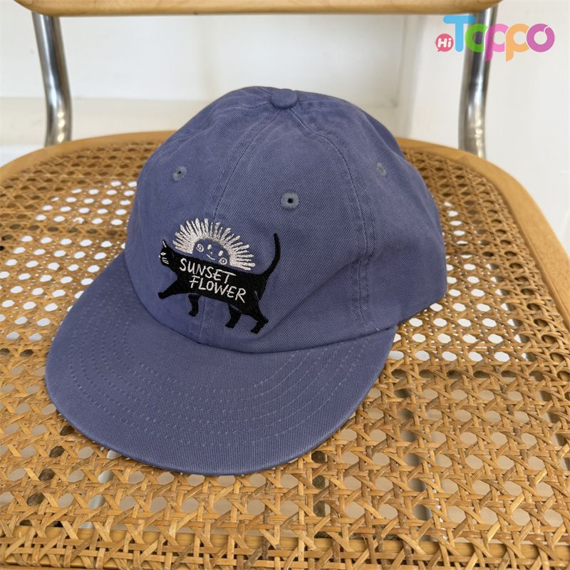 Custom Vintage Washed Distressed Cat-Embroidered Flat-Brim Baseball Cap