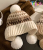 Hot Sale Fair Isle Knit Beanie with 3 Pom Poms Winter Warm Cuffed Skull Cap 