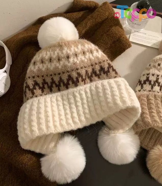 Hot Sale Fair Isle Knit Beanie with 3 Pom Poms Winter Warm Cuffed Skull Cap 