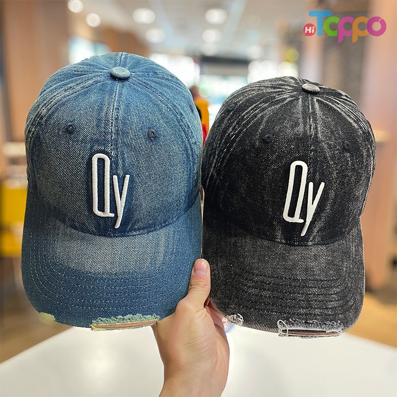 Custom Oversized Washed Denim Large Head Vintage Distressed Embroidered Baseball Cap