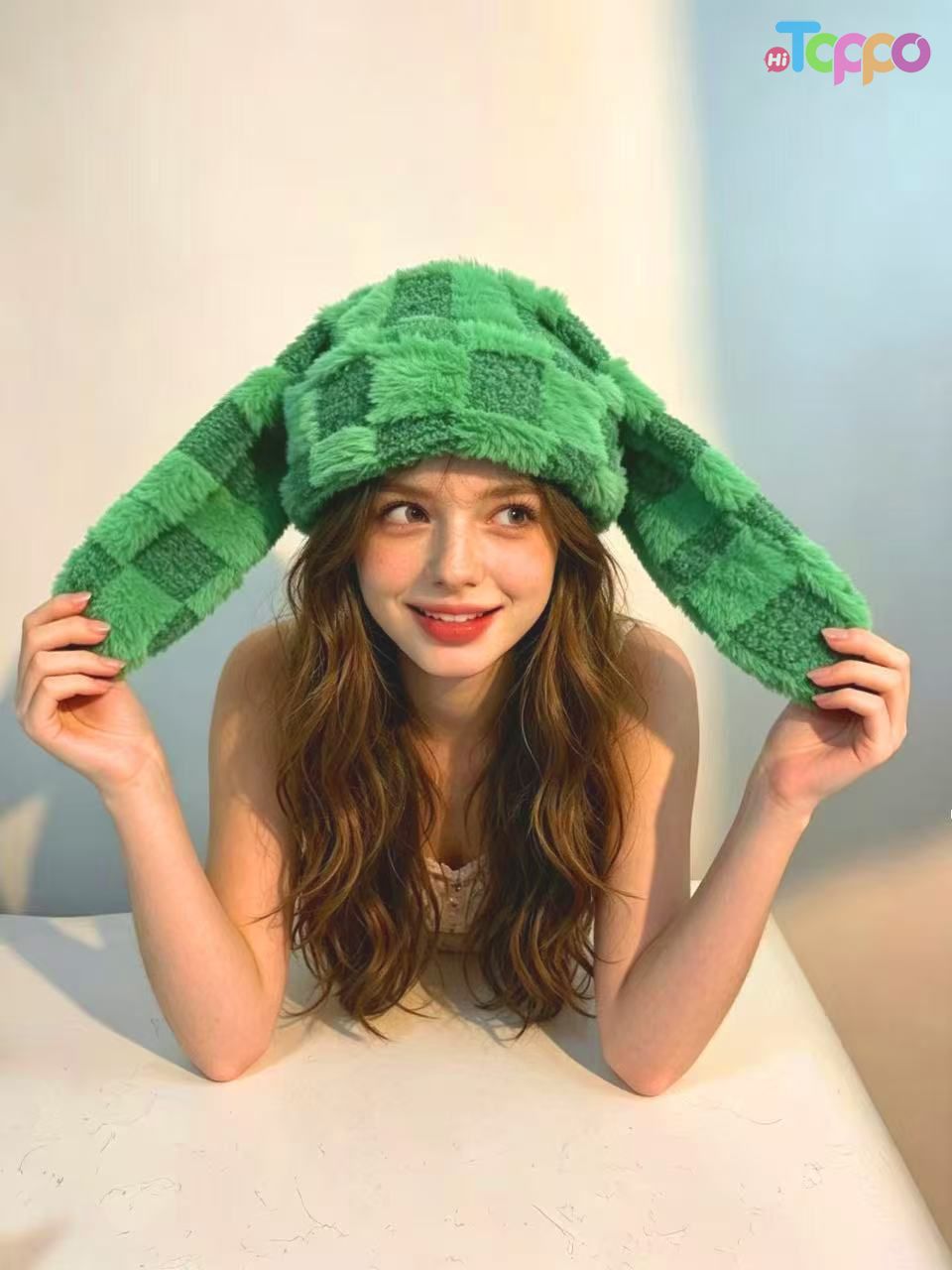 Cute Rabbit Ear Houndstooth Ombre Fluffy Stylish Designer Niche Women Winter Knit Warm Hat 