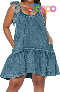 Women Denim Dress Casual Jean Dresses Babydoll Wash Jean Sundress with Pocket