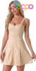 Women's Plaid Tube Dress Zip Up Strap Sleeveless Party Mini A-Line Dress
