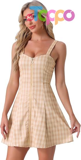 Women's Plaid Tube Dress Zip Up Strap Sleeveless Party Mini A-Line Dress