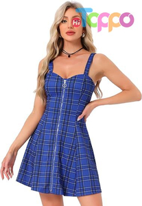 Women's Plaid Tube Dress Zip Up Strap Sleeveless Party Mini A-Line Dress