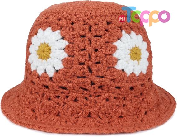 Womens Daisy Flower Crochet Bucket Hat Packable Knit Fisherman Hat