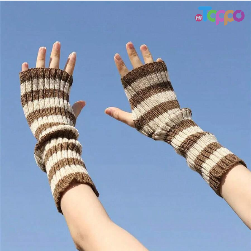  Custom Daily Wear Women's Block Striped Gloves Fingerless Knitted Arm Warmers 