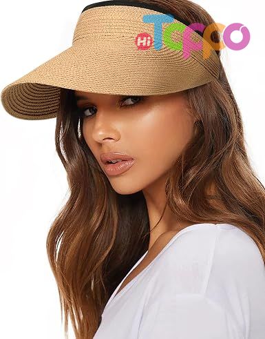 Custom Packable Ponytail Beach Travel UPF 80+ Womens Sun Visor Straw Hat 