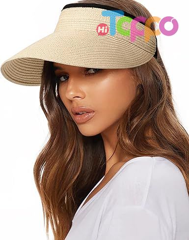 Custom Packable Ponytail Beach Travel UPF 80+ Womens Sun Visor Straw Hat 