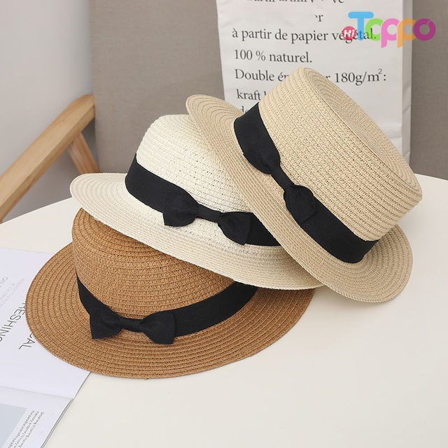 Summer UPF Women Flat Sun Straw Hat with Bow
