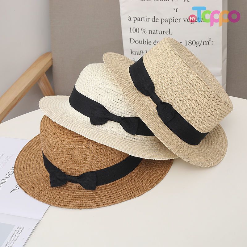 Summer UPF Women Flat Sun Straw Hat with Bow