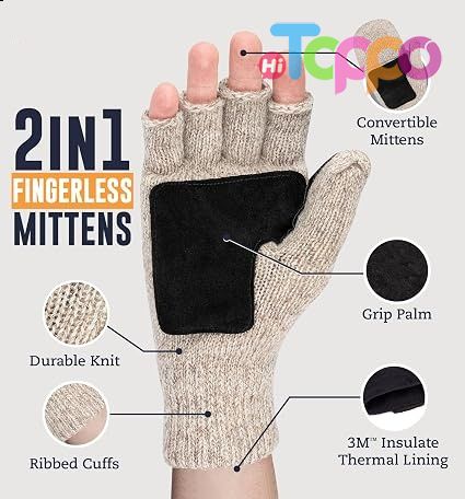  Winter Gloves Convertible Warm Knit Flip Top Wool Fingerless Mitten Gloves