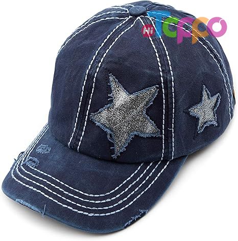  Custom Washed Distressed Cotton Denim Star Ponytail Hat Baseball Cap