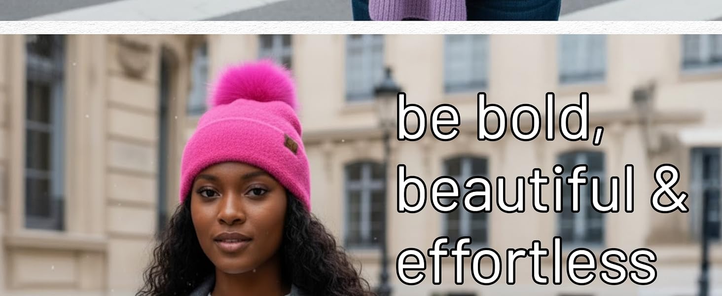 Fashionable woman in hot pink chenille pom beanie and gray coat confidently outdoors in winter