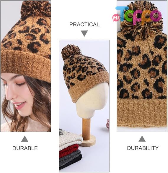  Winter Warm Woolen Yarn Brown Leopard Printed Knitted Beanie
