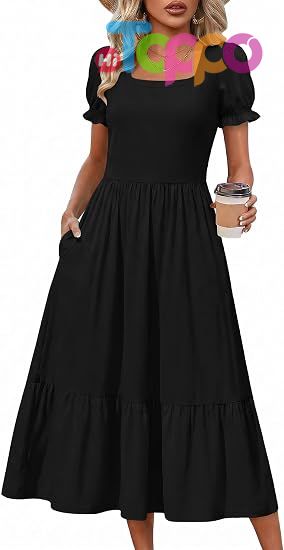 Custom Flowy Casual Midi Dress Short Sleeve Tiered Dress Sundresses with Pockets