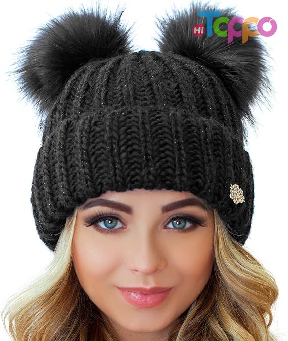 Custom 2 Pom Cable Knit Winter Warm Fleece Hat Wool Snow Cuff Ski Cap Beanie 