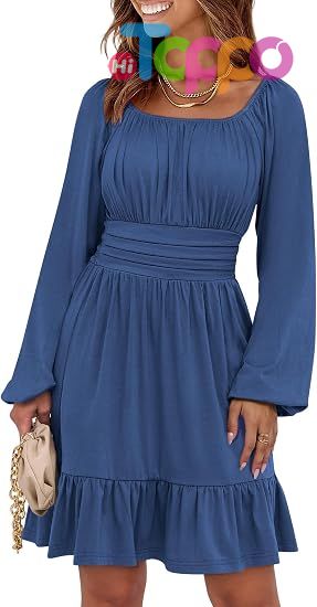  Custom Women Long Lantern Sleeve Square Neck Fall Short Dress