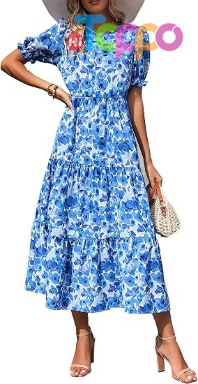 Custom Print Women's Short Sleeve Midi Floral Dress