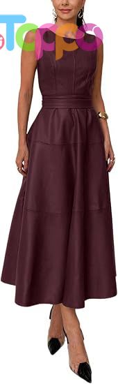 Women PU Faux Leather Sleeveless Elegant Flowy Long Dress Party Night Out Dress with Belt