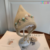 Winter Warm Floral Embroidery Baby Knit Earflap Hat with Ties Cute Pixie Elf Beanie 