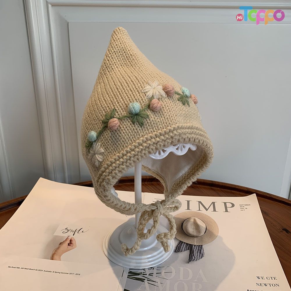 Winter Warm Floral Embroidery Baby Knit Earflap Hat with Ties Cute Pixie Elf Beanie 