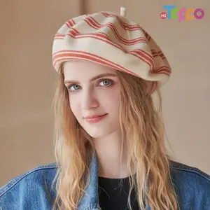 Winter Wool Blend Striped Beret Trendy Slouchy Knit Hat, Versatile French Beanie