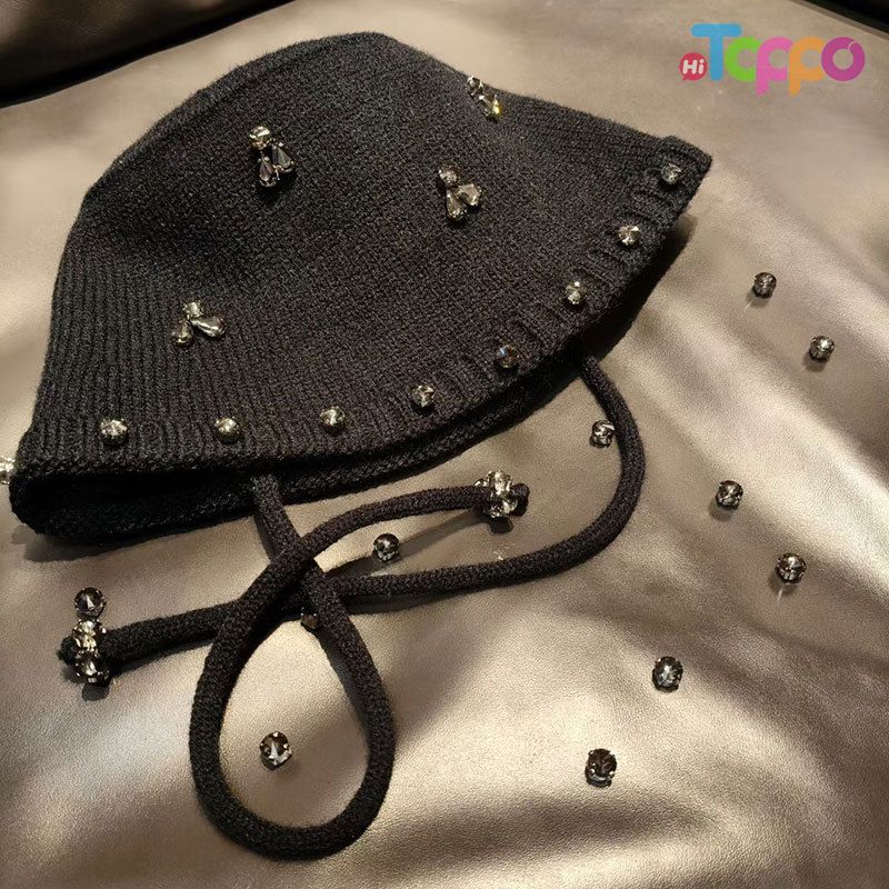 Custom Elegant Rhinestone Handmade Crystal Embellished Knit Cap Bucket Hat