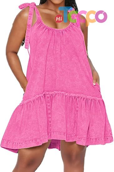 Women Denim Dress Casual Jean Dresses Babydoll Wash Jean Sundress with Pocket