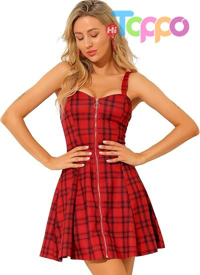 Women's Plaid Tube Dress Zip Up Strap Sleeveless Party Mini A-Line Dress