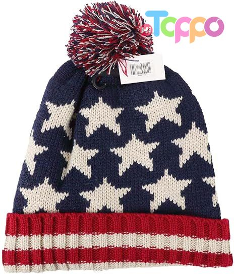 Classical American Flag Knit Pom Beanie Ski Hat with Stars