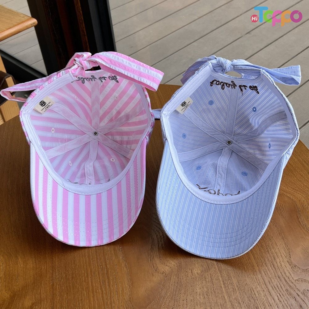 Stock Today Embroidery Stripes Baseball Caps with Ribbon Tie-bows Backside 